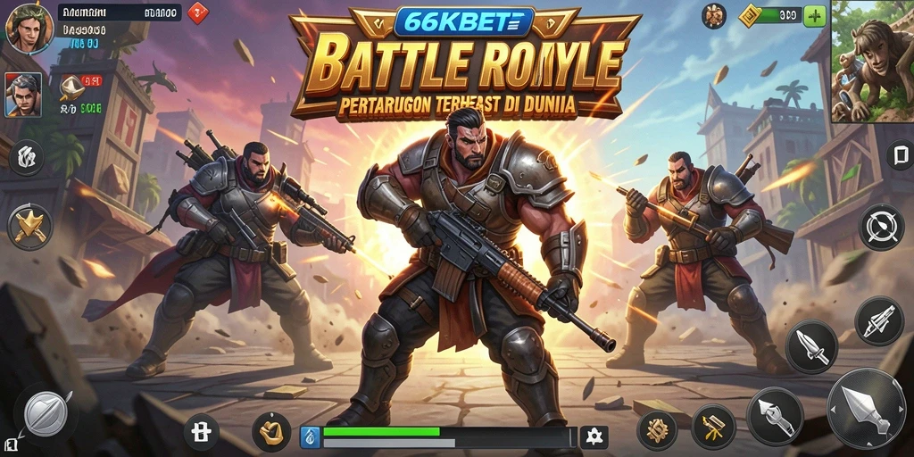 Tangkapan layar <strong>66KBET</strong> menampilkan aksi intens dalam pertempuran Battle Royale.