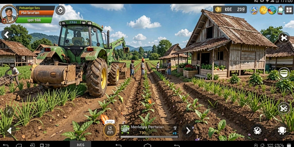 Screenshot gameplay 77AG dengan tampilan ladang hijau dan hewan ternak.