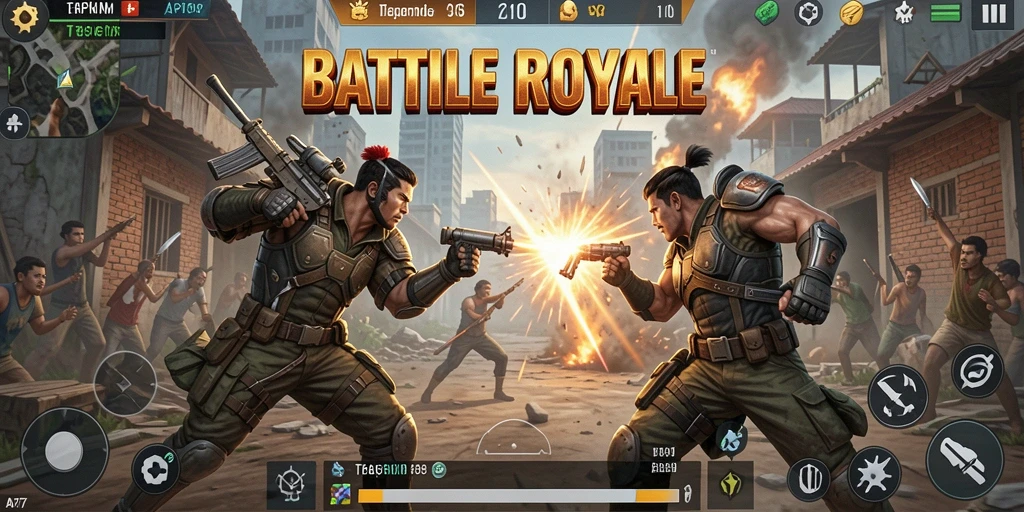 Screeshot utama API77 yang menampilkan aksi pertarungan Battle Royale yang mendebarkan.