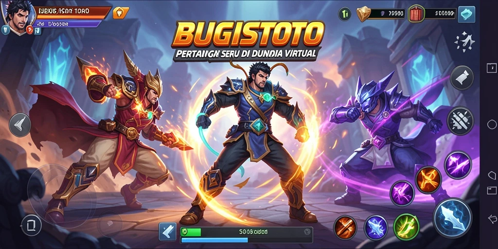 Screenshot gameplay BUGISTOTO yang menampilkan pertarungan epik dan karakter unik.