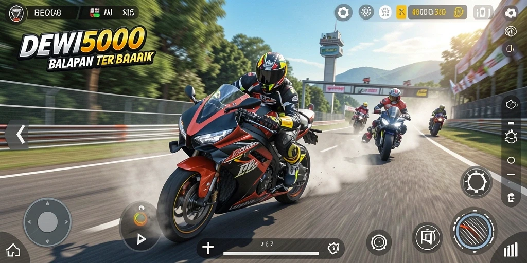Gameplay seru dalam DEWI5000 dengan balapan motor cepat.