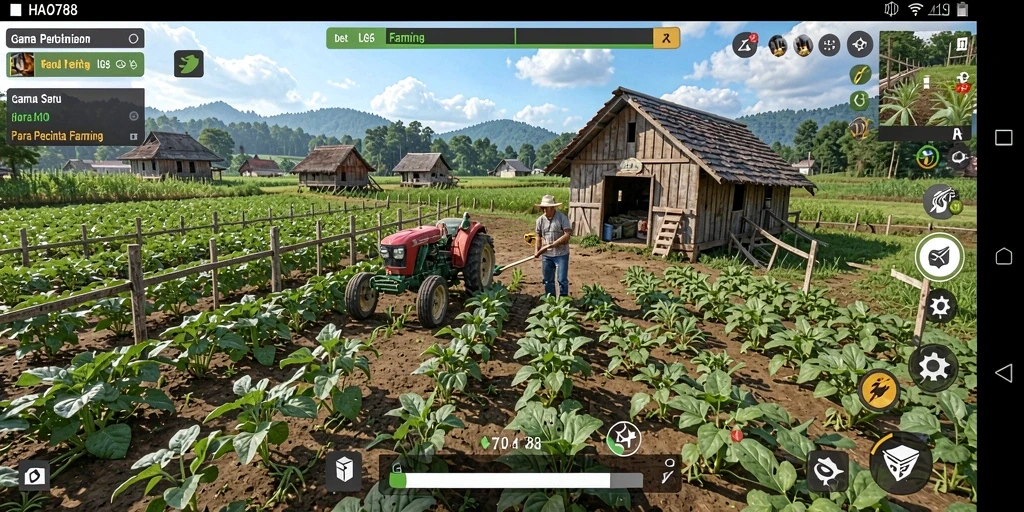 Screenshot gameplay HAO788 menampilkan ladang penuh tanaman hijau.