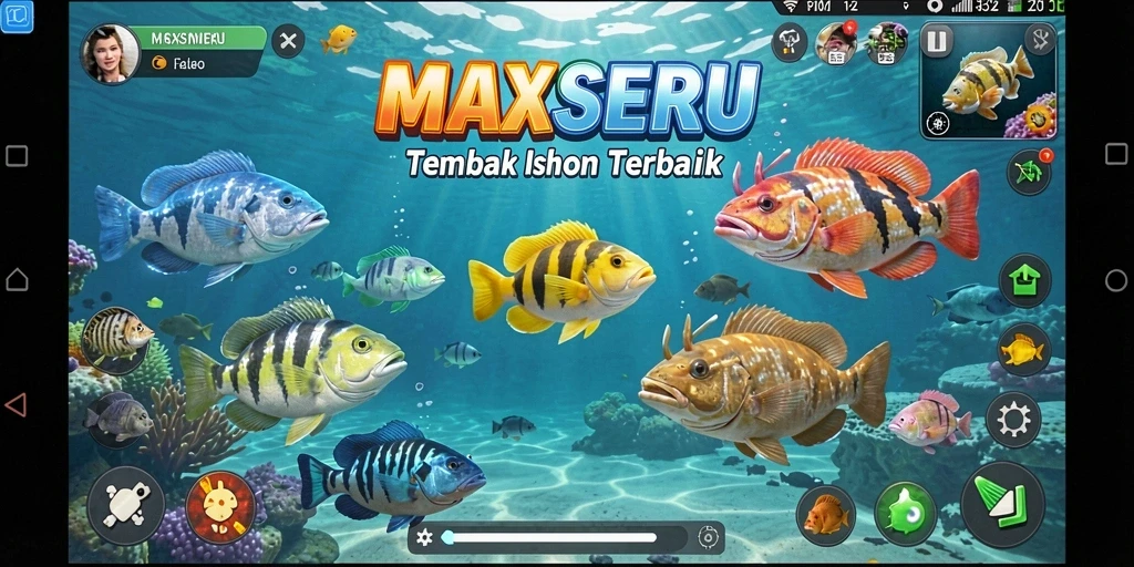 Screenshot MAXSERU menampilkan gameplay seru saat menangkap ikan.