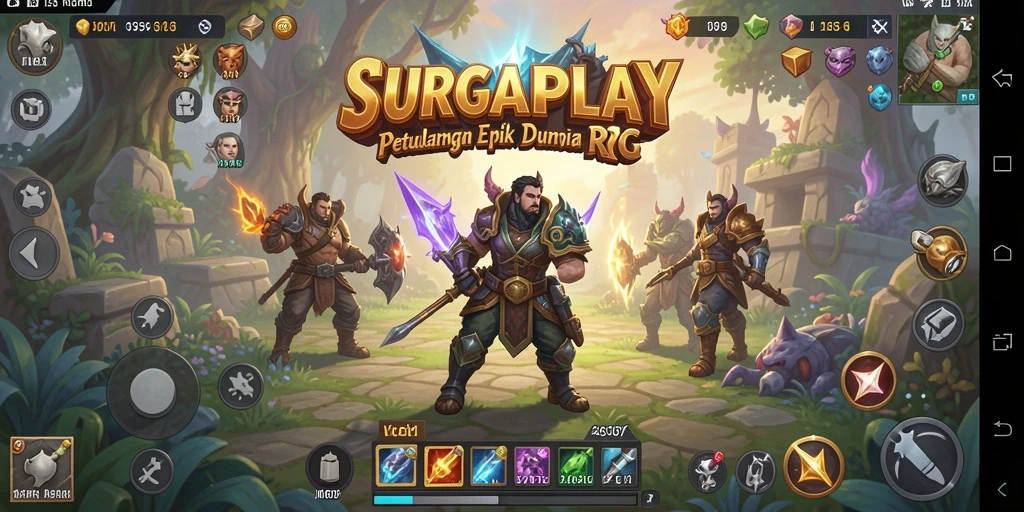 Screenshot gameplay SURGAPLAY yang menunjukkan pertempuran epik.
