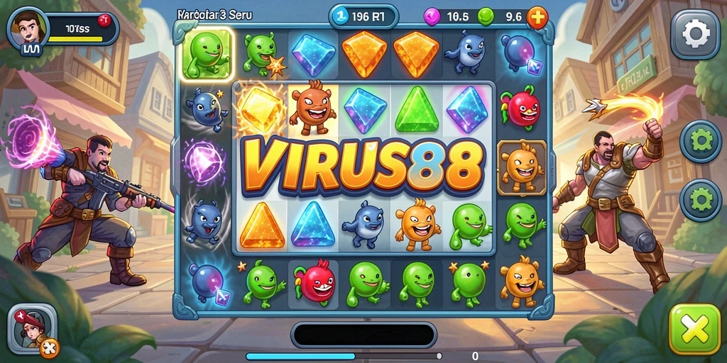 Tampilan gameplay <strong>VIRUS88</strong> yang menarik dengan aksi Match-3 yang seru.
