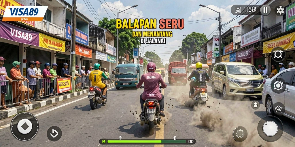 Tangkapan layar gameplay <strong>VISA89</strong> menunjukkan aksi balapan yang mendebarkan dan penuh tantangan.